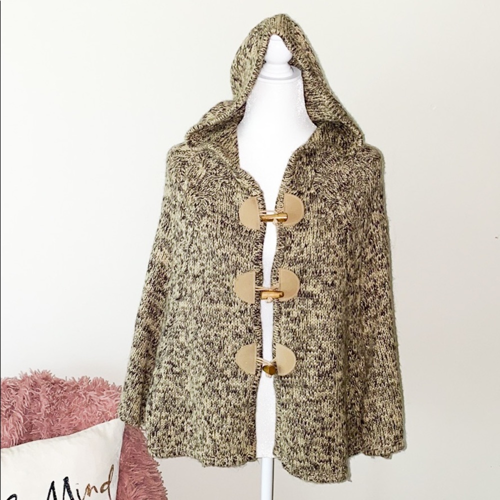 BCBGMaxAzria Hooded Sweater Button Down Cape Brown